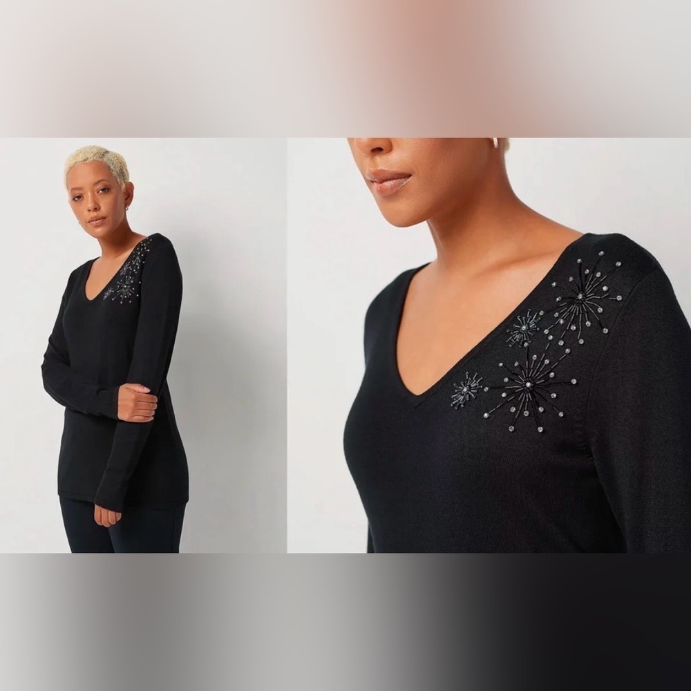 Jason Wu  V-Neck Sweater w/ Beaded Detail Size Large Black